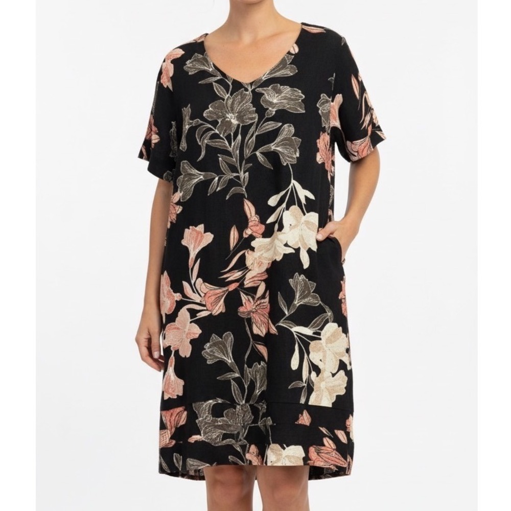 Nicole Miller Peach Cream Black Floral Linen Shift Dress Medium Short Sleeve
